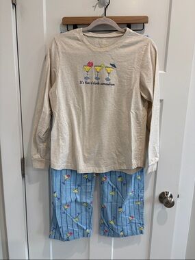 Margaritaville Beige Long-Sleeve Top & Light Blue Striped Pajama Pants